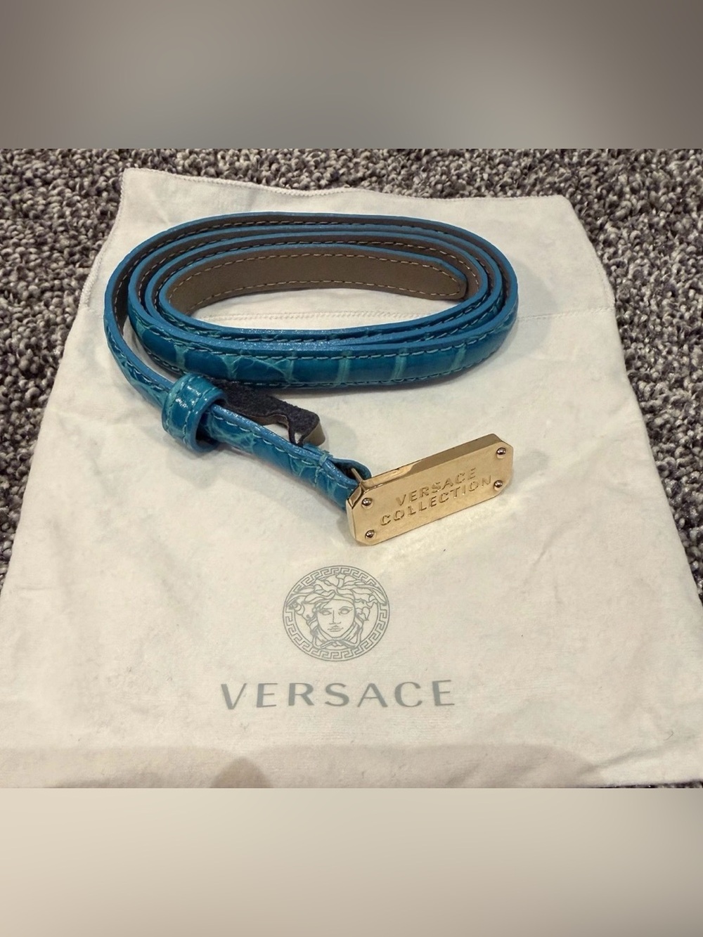 Versace Collection Teal Croc-Embossed Leather Strap with Gold Logo Plaque